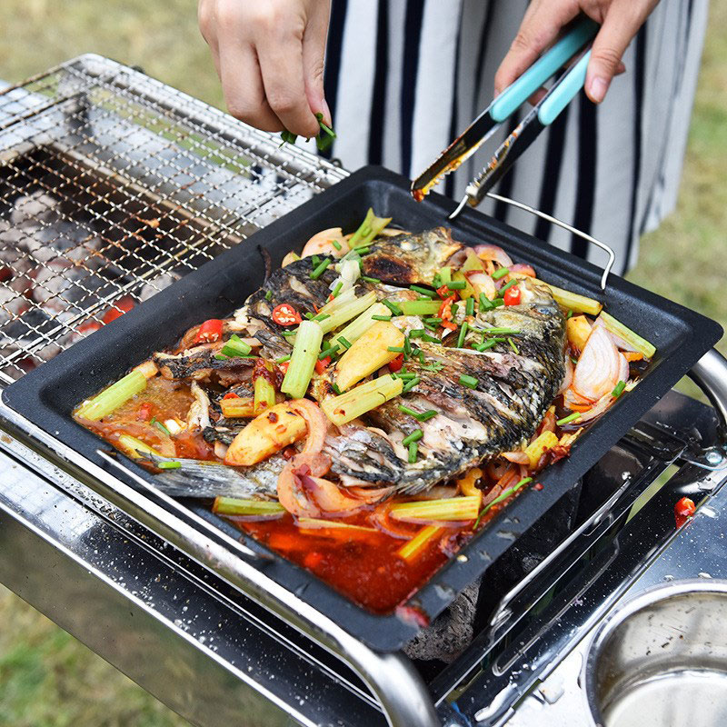 야외용 두꺼운 사각 그릴 팬, 손잡이 두 개, 휴대용  - Camping Cooking Wok 리뷰 및 가격